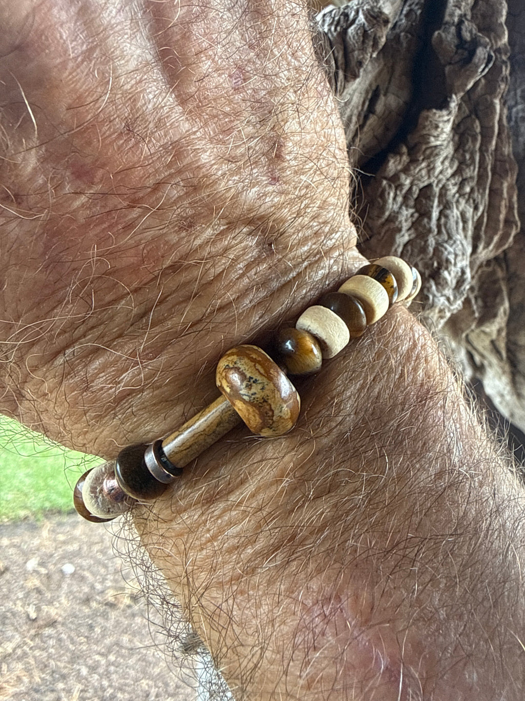 “Tiger’s Eye, Bone & Picture Jasper Stretch Bracelet with Copper Accents | Handmade Earth Tone Gemstone Jewelry for Men”
