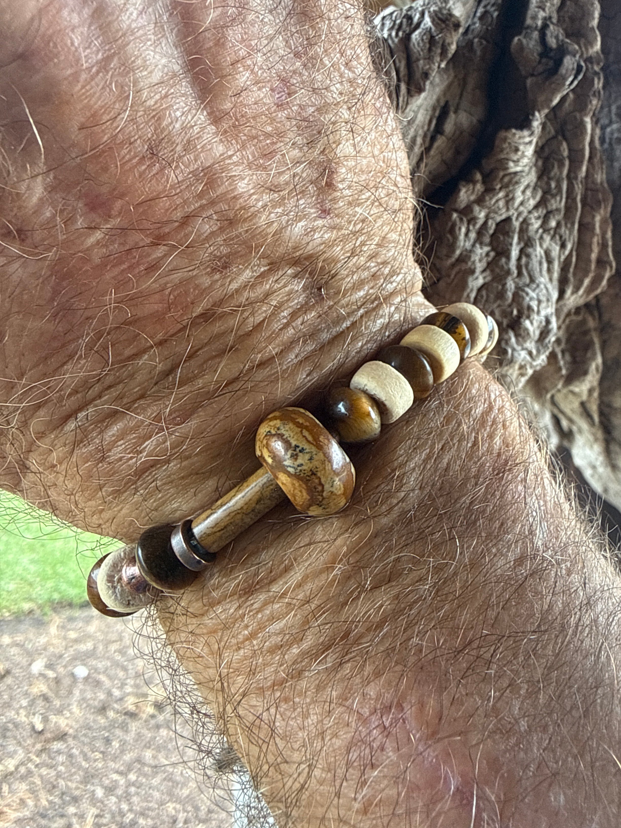 “Tiger’s Eye, Bone & Picture Jasper Stretch Bracelet with Copper Accents | Handmade Earth Tone Gemstone Jewelry for Men”