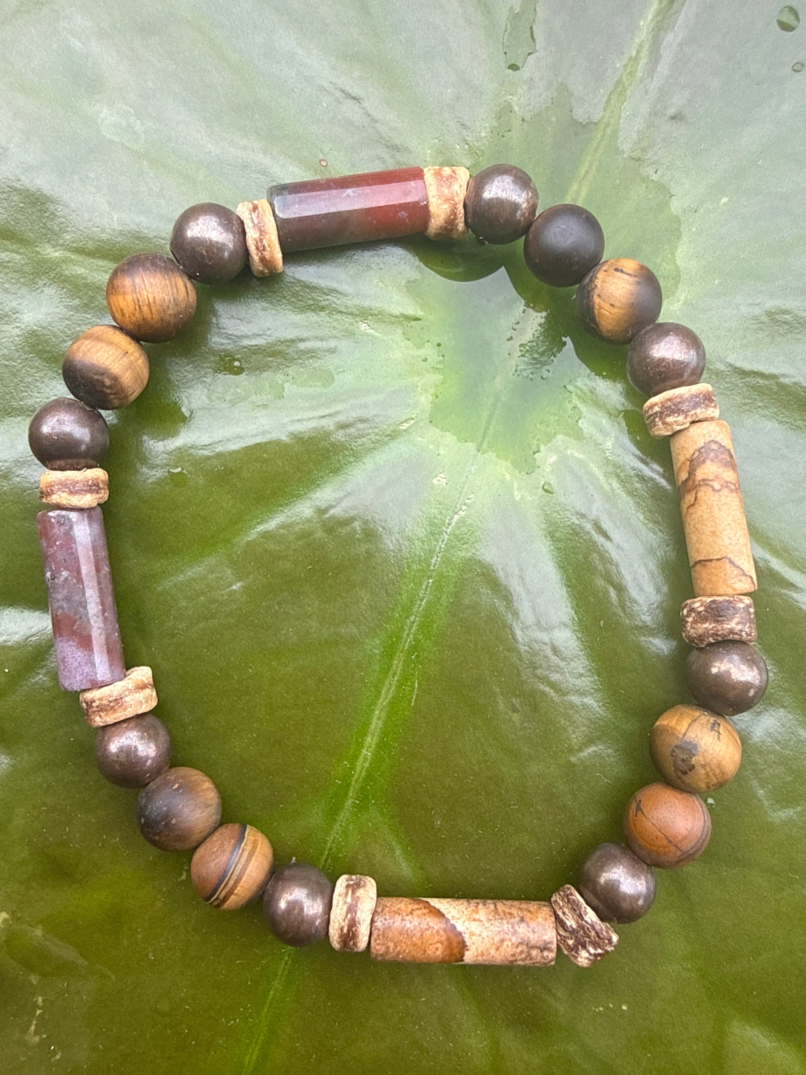 Tiger Eye, Jade & Bone Bracelet with Copper.