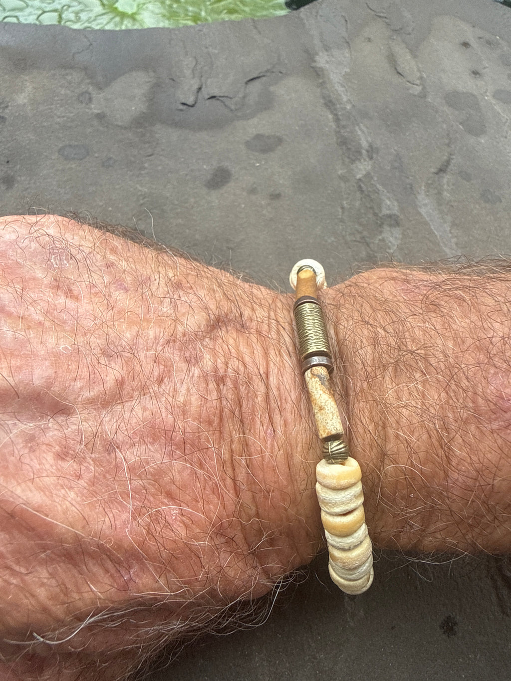 Bone Disc Bracelet with Tiger Eye and Brass