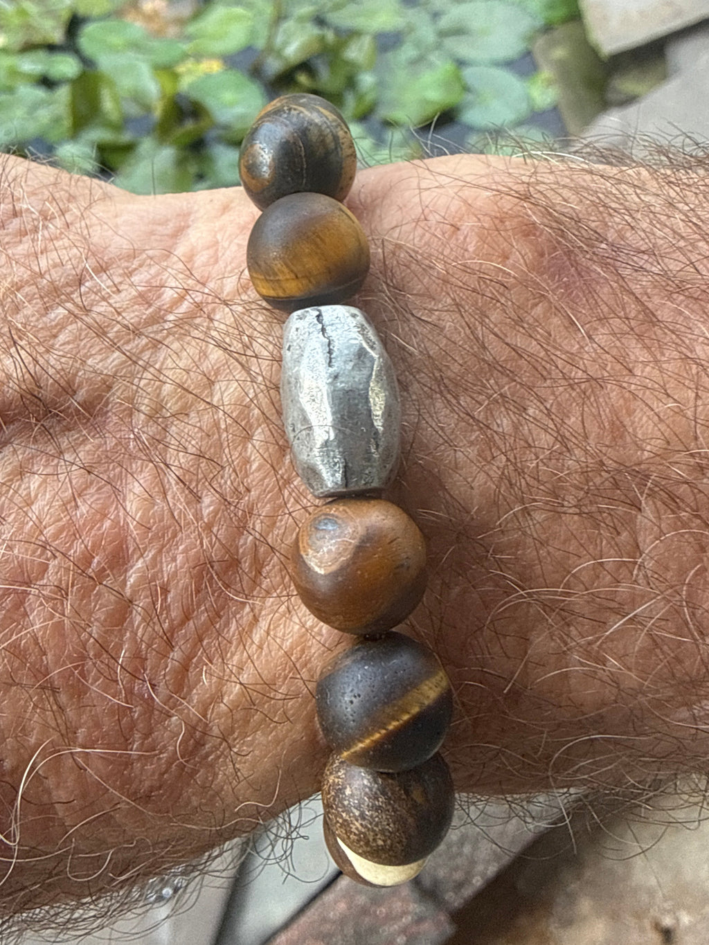 Bone & Tiger Eye Bracelet with Silver Charm