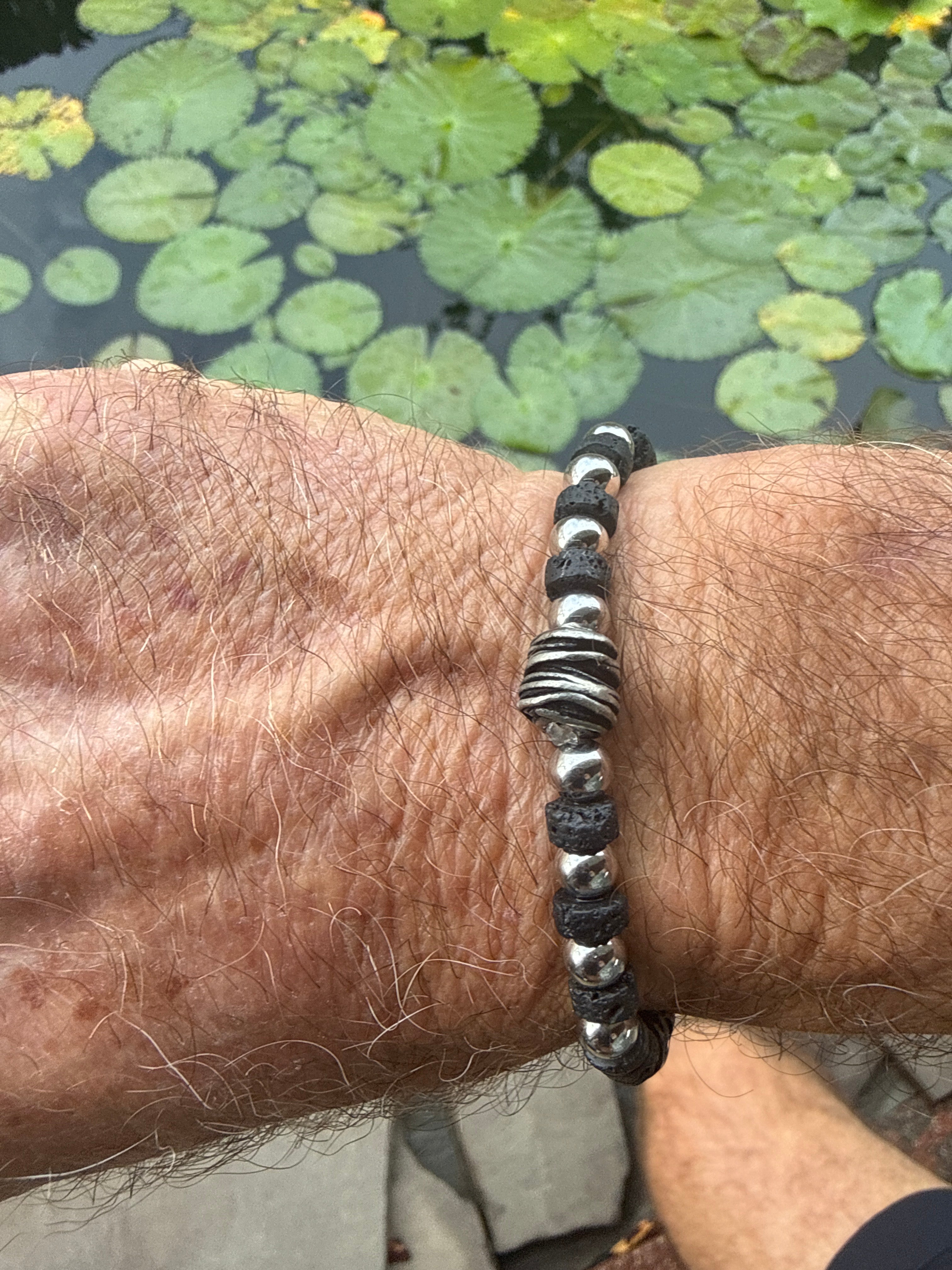 Lava Rock & Stainless Steel Bracelet with Antique Silver