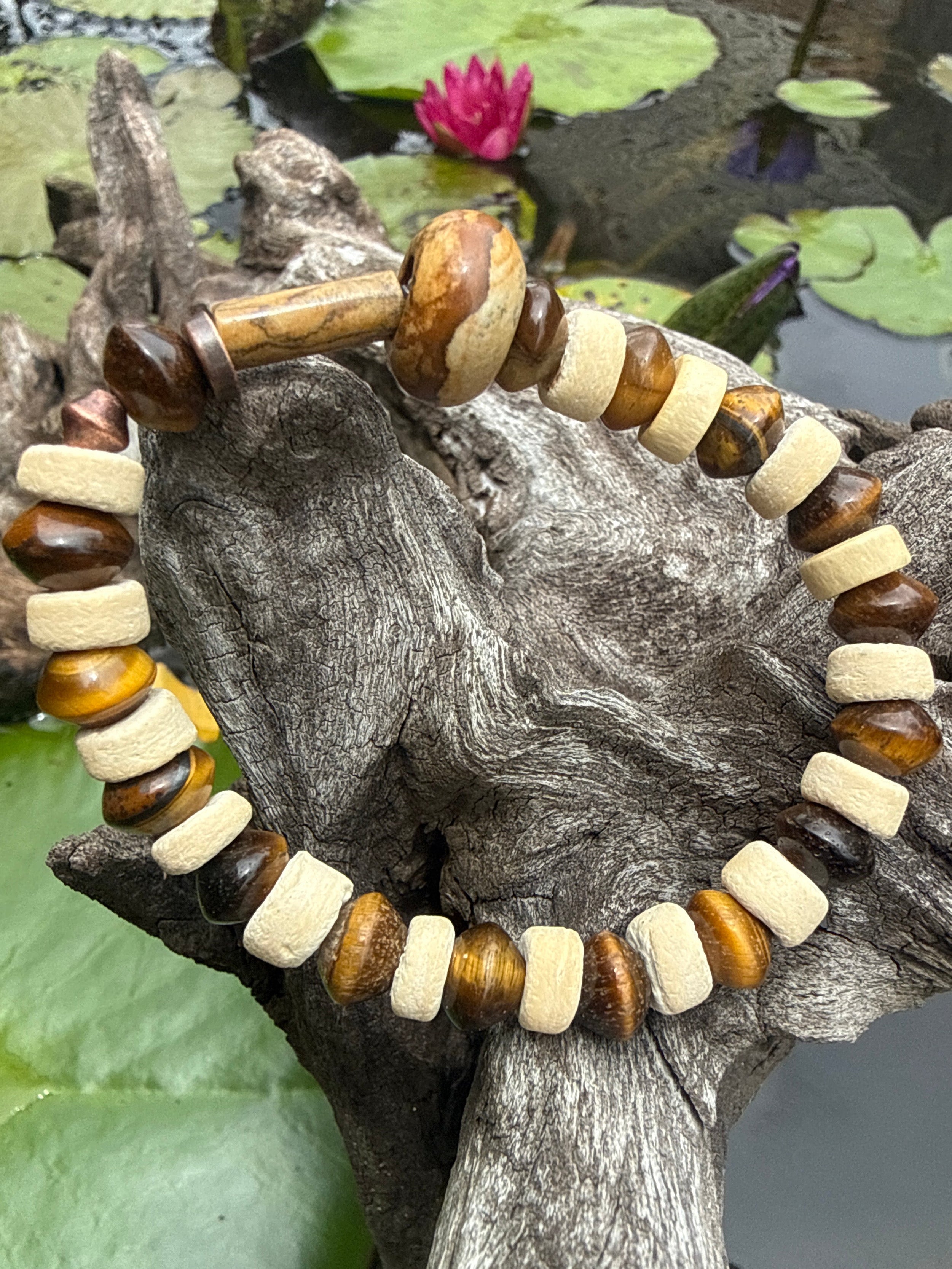 “Tiger’s Eye, Bone & Picture Jasper Stretch Bracelet with Copper Accents | Handmade Earth Tone Gemstone Jewelry for Men”