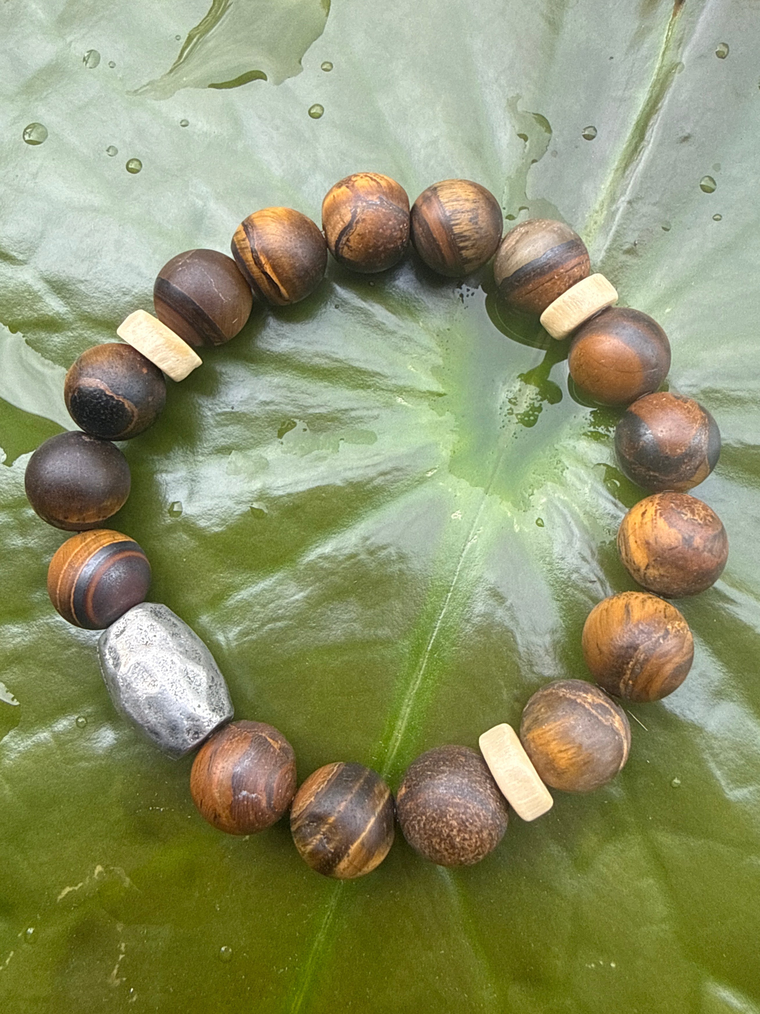 Bone & Tiger Eye Bracelet with Silver Charm