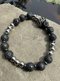 Men’s Lava Stone & Stainless Steel Beaded Bracelet with Ornate Silver-Toned Clasp | Volcanic Rock Grounding Jewelry | Essential Oi