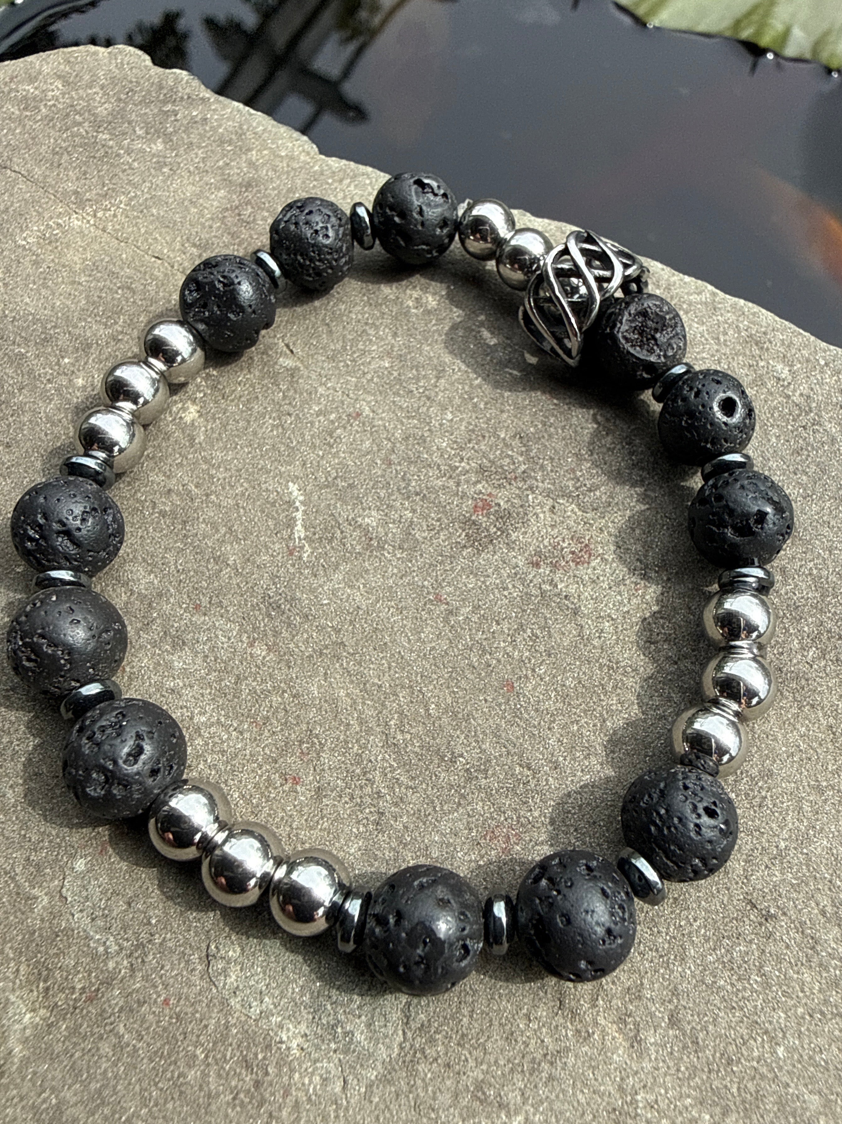 Men’s Lava Stone & Stainless Steel Beaded Bracelet with Ornate Silver-Toned Clasp | Volcanic Rock Grounding Jewelry | Essential Oi