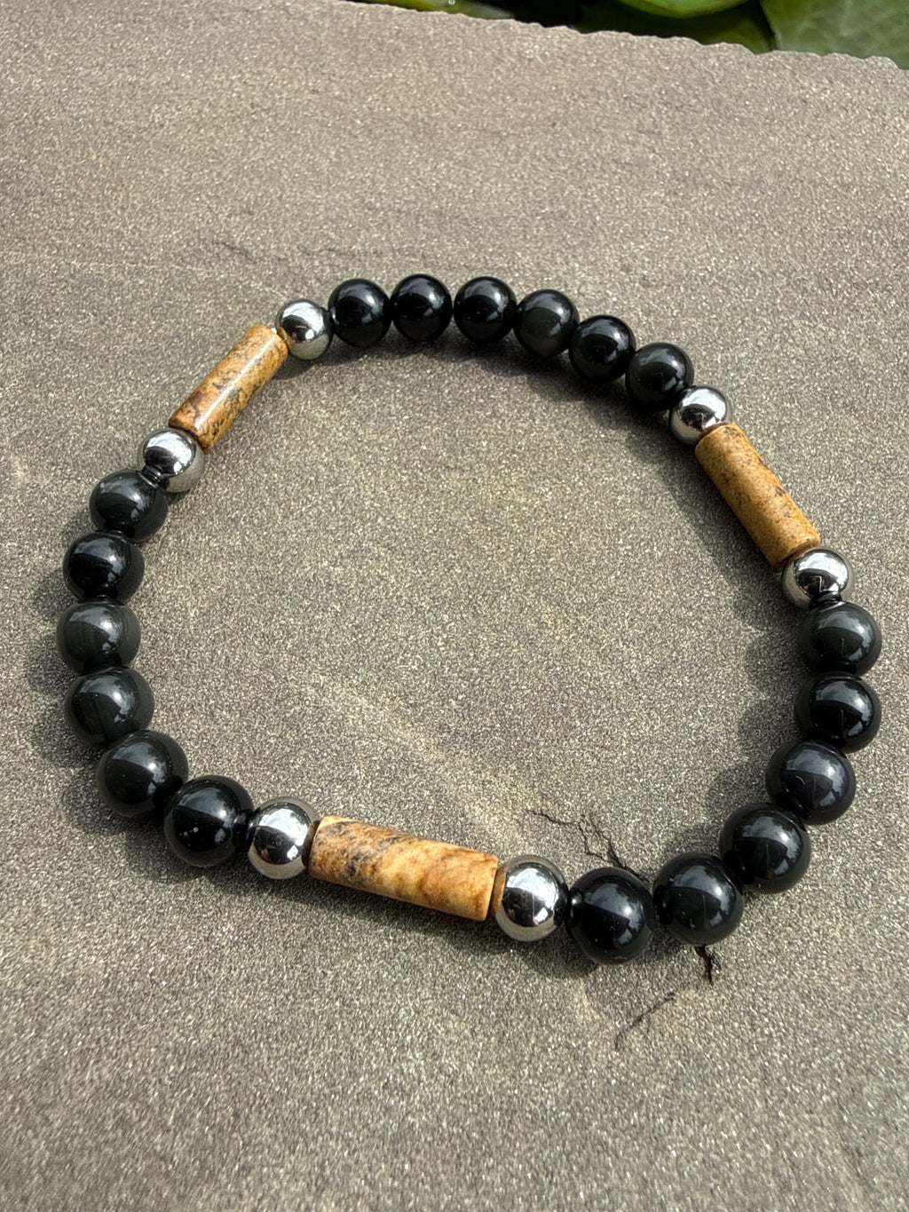 Title:
Men’s Rainbow Obsidian, Tiger Eye & Stainless Steel Bracelet | 6mm Black & Gold Beaded Stretch Bracelet