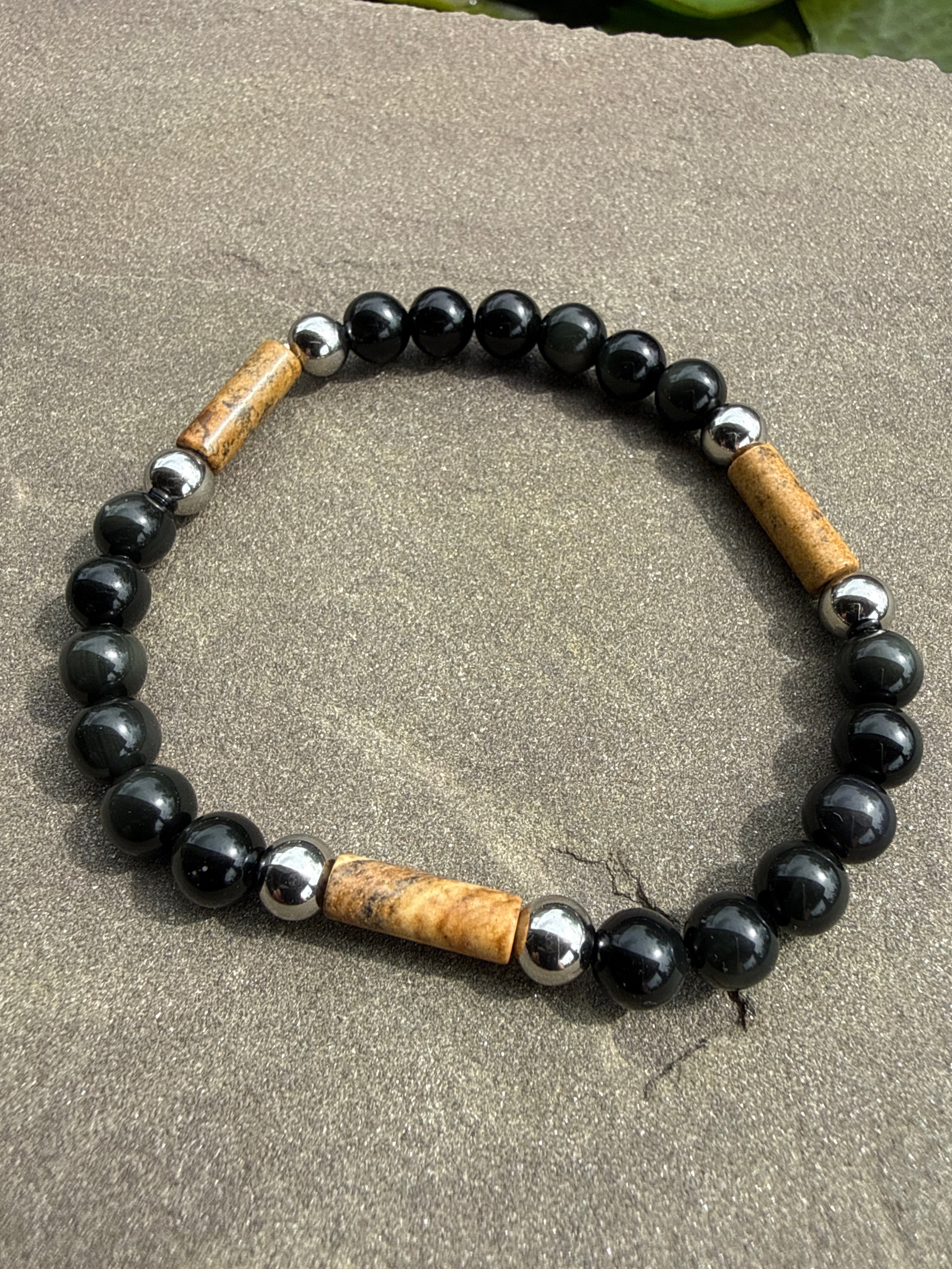 Title:
Men’s Rainbow Obsidian, Tiger Eye & Stainless Steel Bracelet | 6mm Black & Gold Beaded Stretch Bracelet