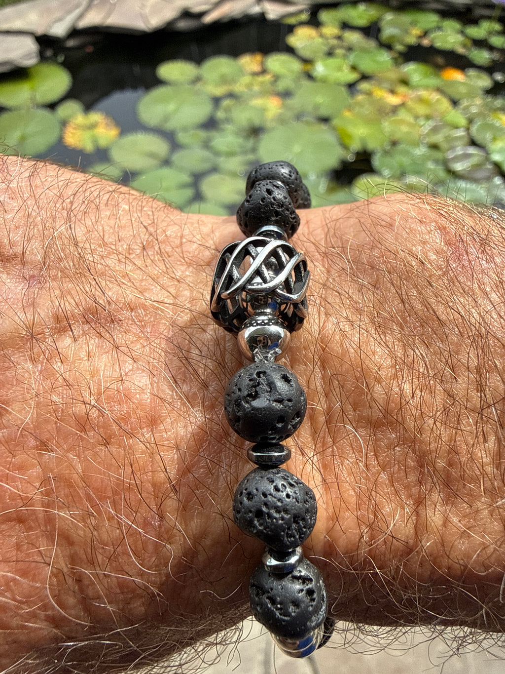 Men’s Lava Stone & Stainless Steel Beaded Bracelet with Ornate Silver-Toned Clasp | Volcanic Rock Grounding Jewelry | Essential Oi